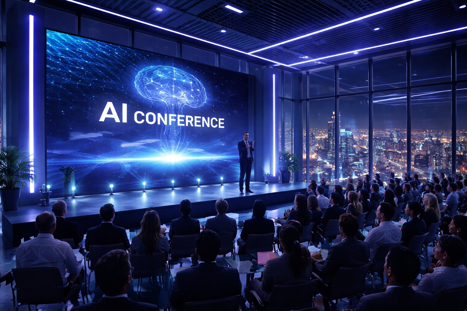 AI InTheRock conference at the top of a downtown tower, packed audience facing a glowing stage with a city skyline beyond the windows